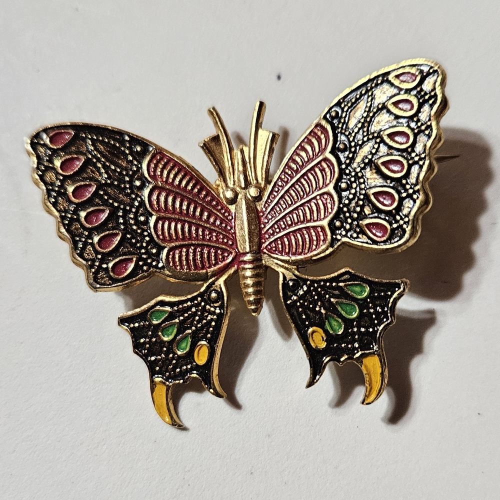 Enamel Butterfly Brooch in Pink, Black & Gold